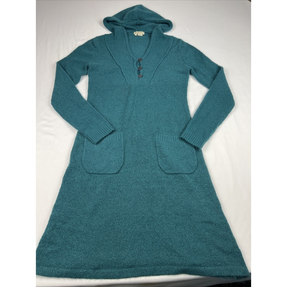 Royal Robbins Women Teal Boucle Knit Hooded Sweater Dress Henley Pocket Small